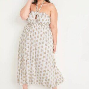 Fit & Flare Smocked Printed Keyhole Halter Maxi Dress Pockets New NWT